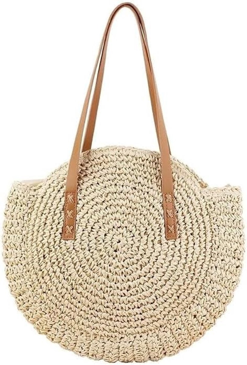 Retro Ronde Stro Tas voor Dames - Grote Schoudertas en Shopper voor Strand en Vakantie, Beige, Medium