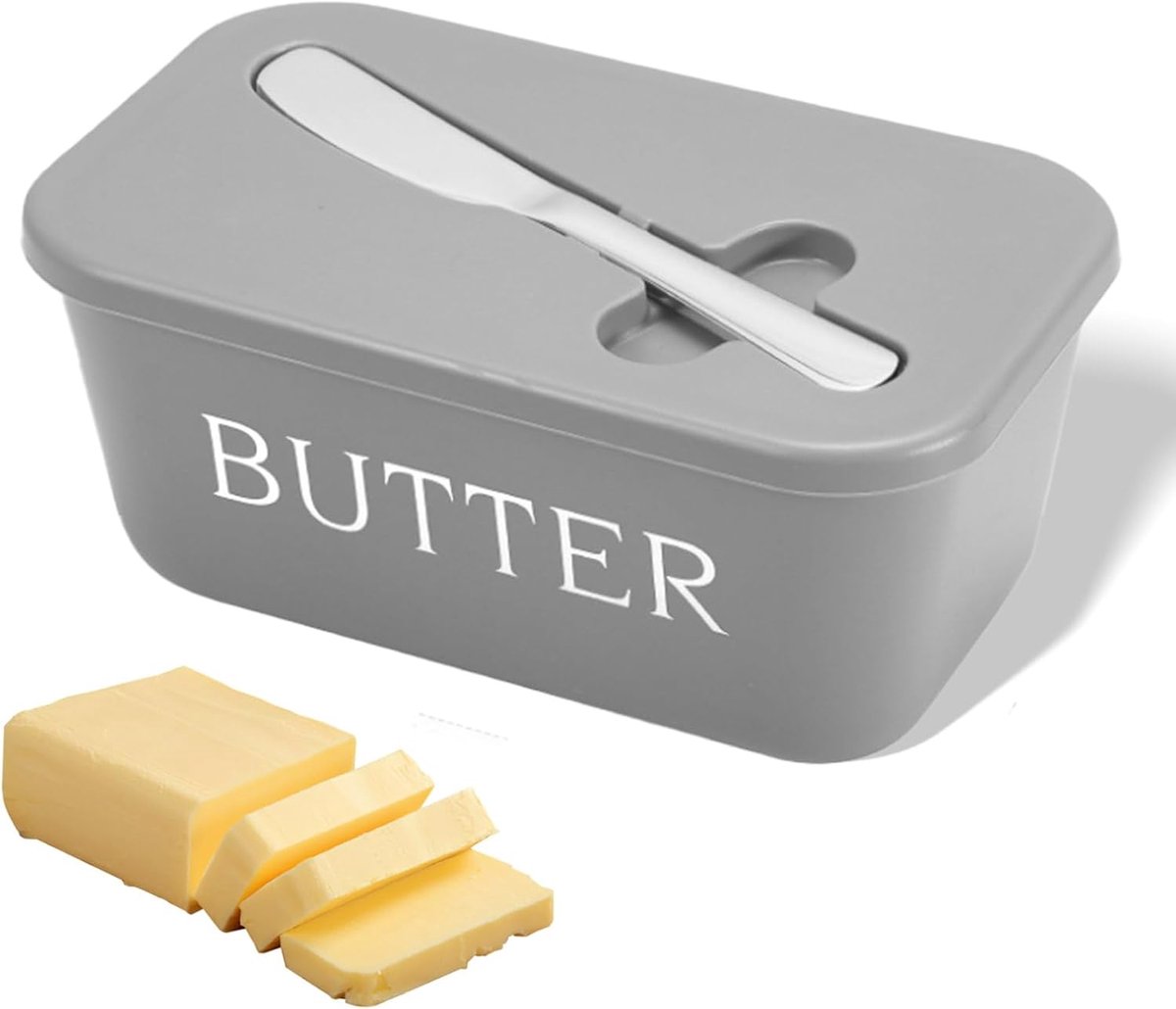 Boterbakje met deksel - inclusief mes - luchtdichte plastic botercontainer - geschikt voor gebruik op het aanrecht en in de koelkast - grijs - 16,7 × 9,7 × 7,4 cm