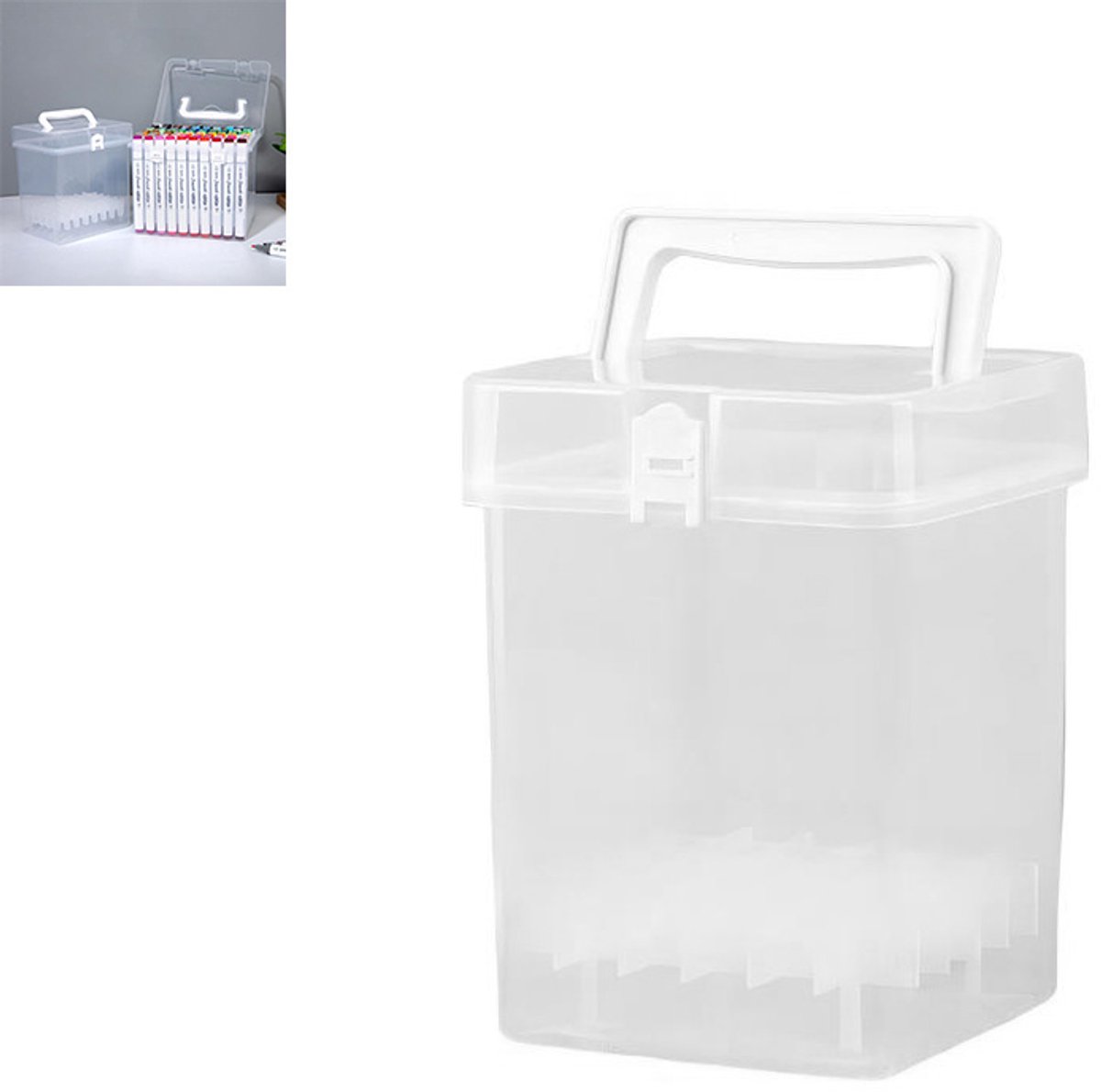 Marker organizer - Markeropbergdoos - Opbergbox - Bewaardoos - Doorzichtige plastic doos met handvat en compartimenten, waterbestendig - Er passen 36 pennen in - Multifunctioneel - Kunststof - 12,4x12,4x17,4 cm - Voor school en studie - Transparant