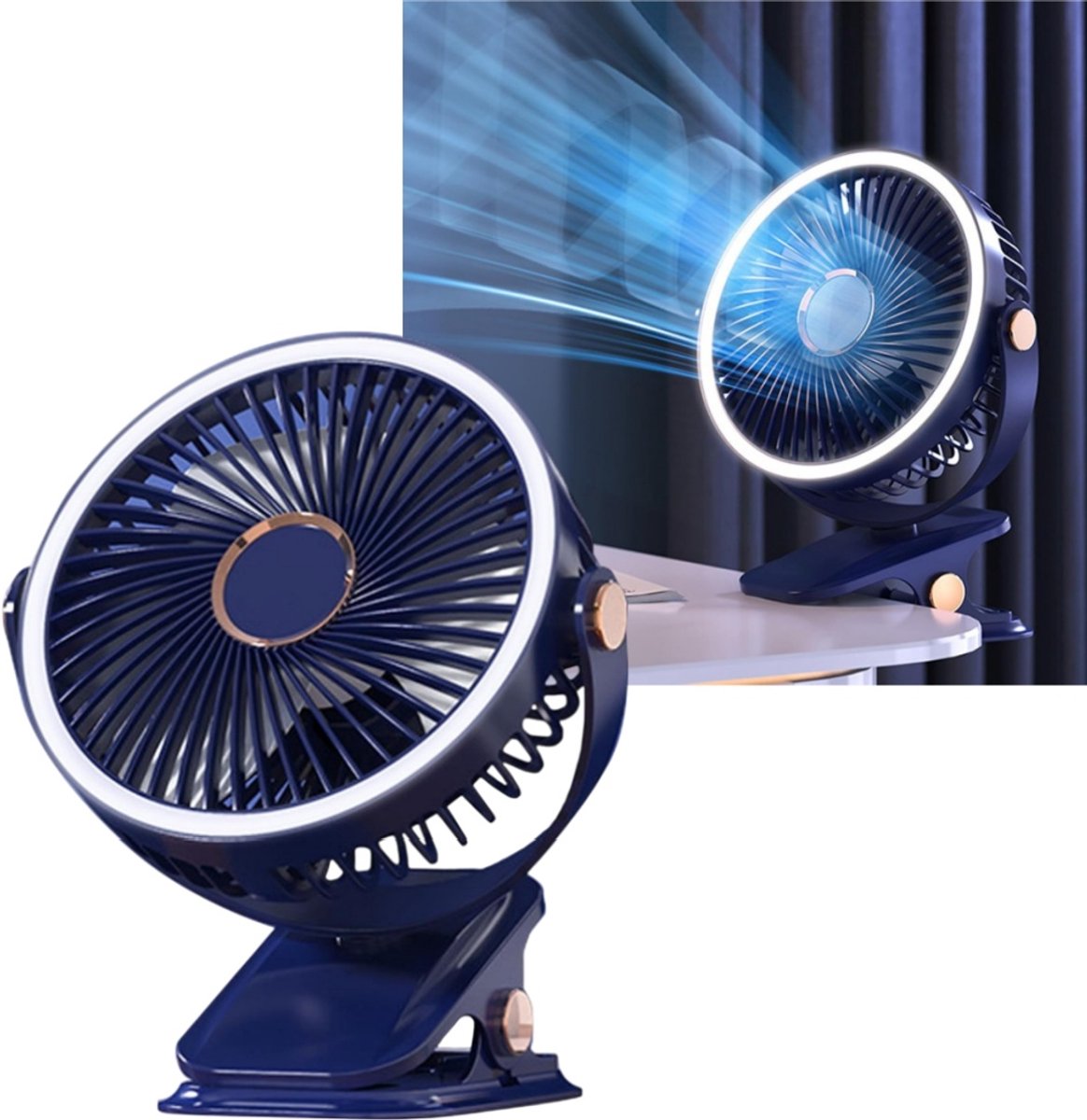 1 stuk - kleine stille ventilator met clip - uitgerust met LED-nachtlampje - desktopventilator - draagbare ventilator - 15,2*6,8*21,3cm - voor desktopventilatie en -koeling thuis - blauw