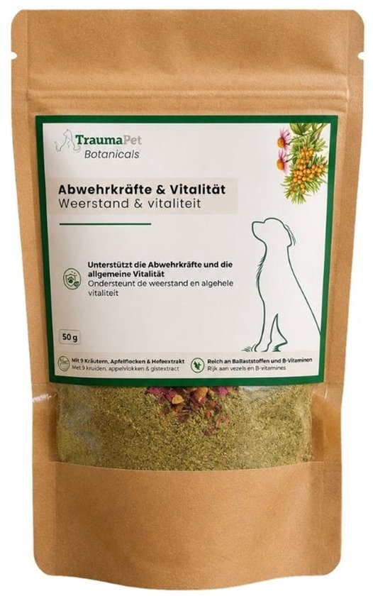 Bruine zak met 'TraumaPet Botanicals' en 'Weerstand & Vitaliteit'. Bevat kruidenmix en bloemblaadjes.