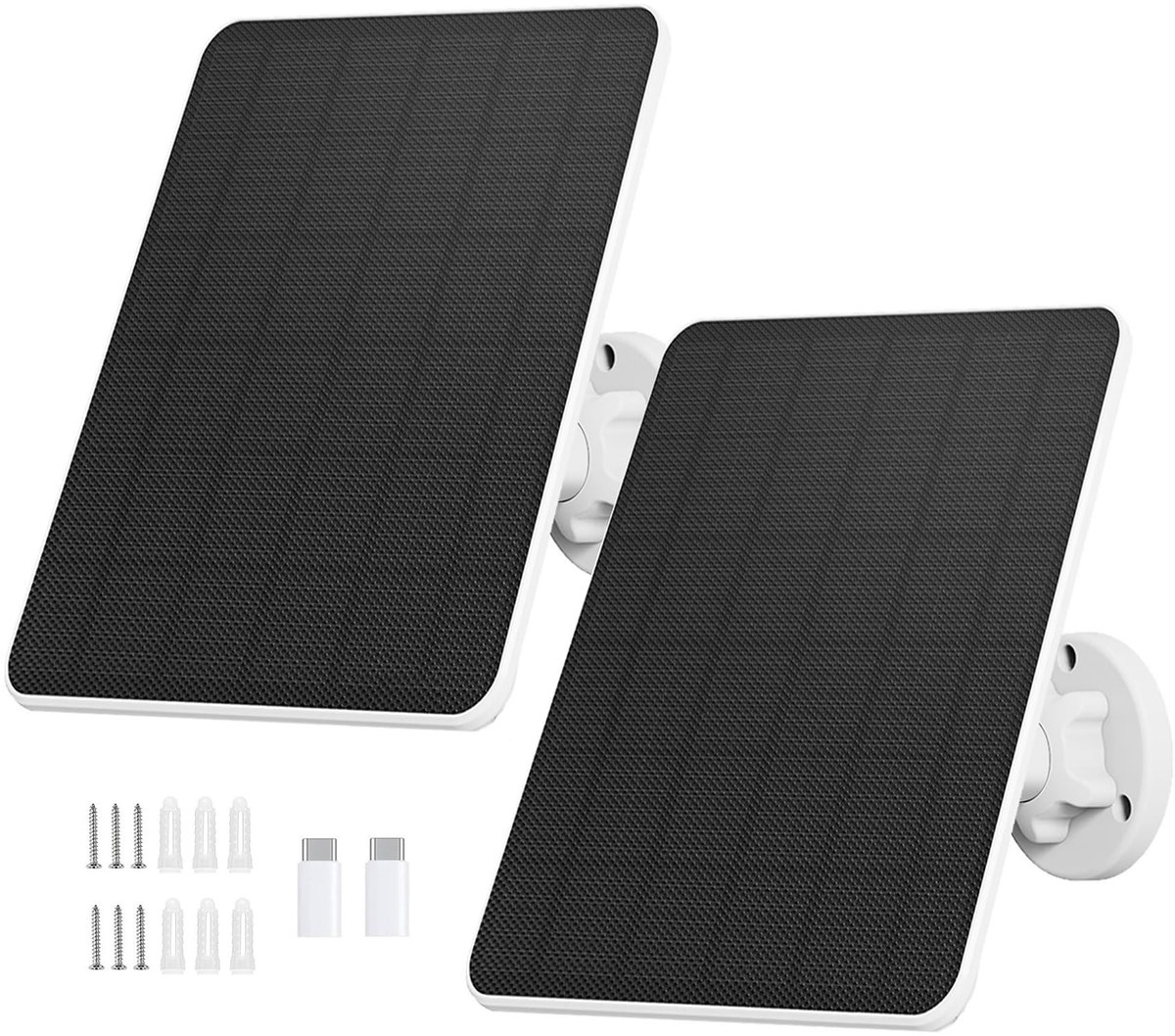 SnelShoppen - Zonnepaneel voor Bewakingscamera, 6W Zonnepaneel met USB & Type C Aansluiting, IP65, 3m Kabel, 360° Verstelbare Beugel, 2 Pack voor Buit