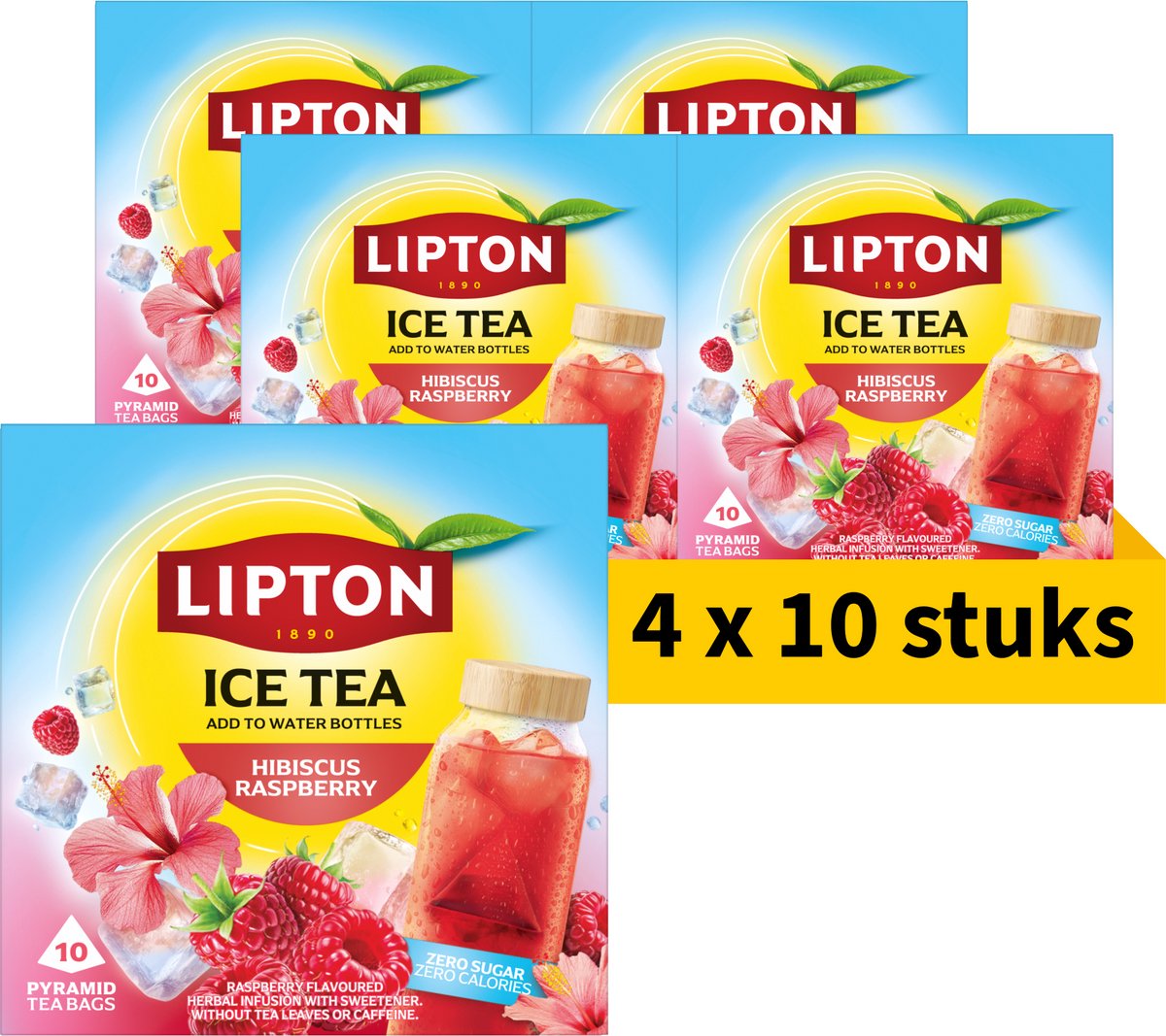 Lipton Ice Tea Hibiscus & Raspberry - 40 Piramide Theezakjes - Framboos & Hibiscus Thee - 4 x 10 Zakjes - Voordeelverpakking