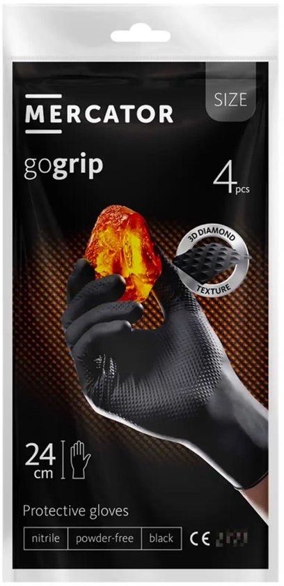 Mercator gogrip nitril beschermende handschoenen, zwart, poedervrij, met 3D-diamanttextuur voor betere grip.