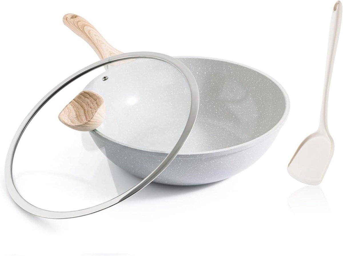 Keramische Wok - Koekenpan - Gezond Koken - Antiaanbaklaag - 30cm - Grijs