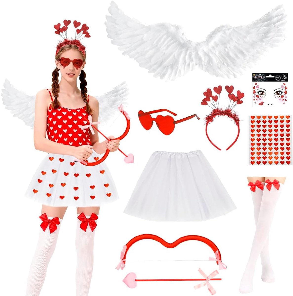 Complete Kostuumset voor Valentijnsdag met Engelachtige Vleugels, Hartvormige Zonnebril, Gezichtstatoeages en Witte Tulle Rok