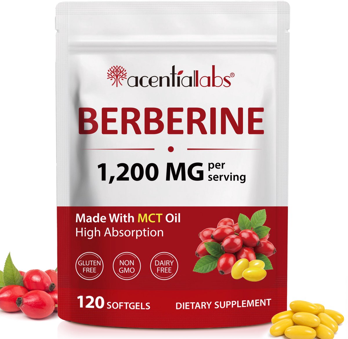 Acentiallabs Berberine HCl 1200 mg met MCT-olie - 120 softgels - 30 dagdoseringen