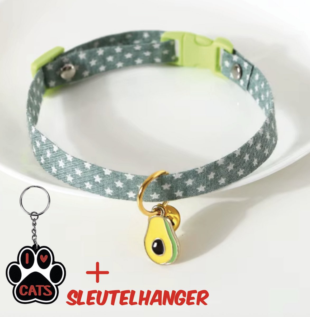 SilverAndCoco® - Groene Avocado Katten Halsband met Bel met Gratis Sleutelhanger | Velvet Kat Kitten Bandje met belletje | Kattenhalsband Suède Gouden | Cat Kleding Decoratie Poezen | Kattenbandje Huisdier Poes - Groen