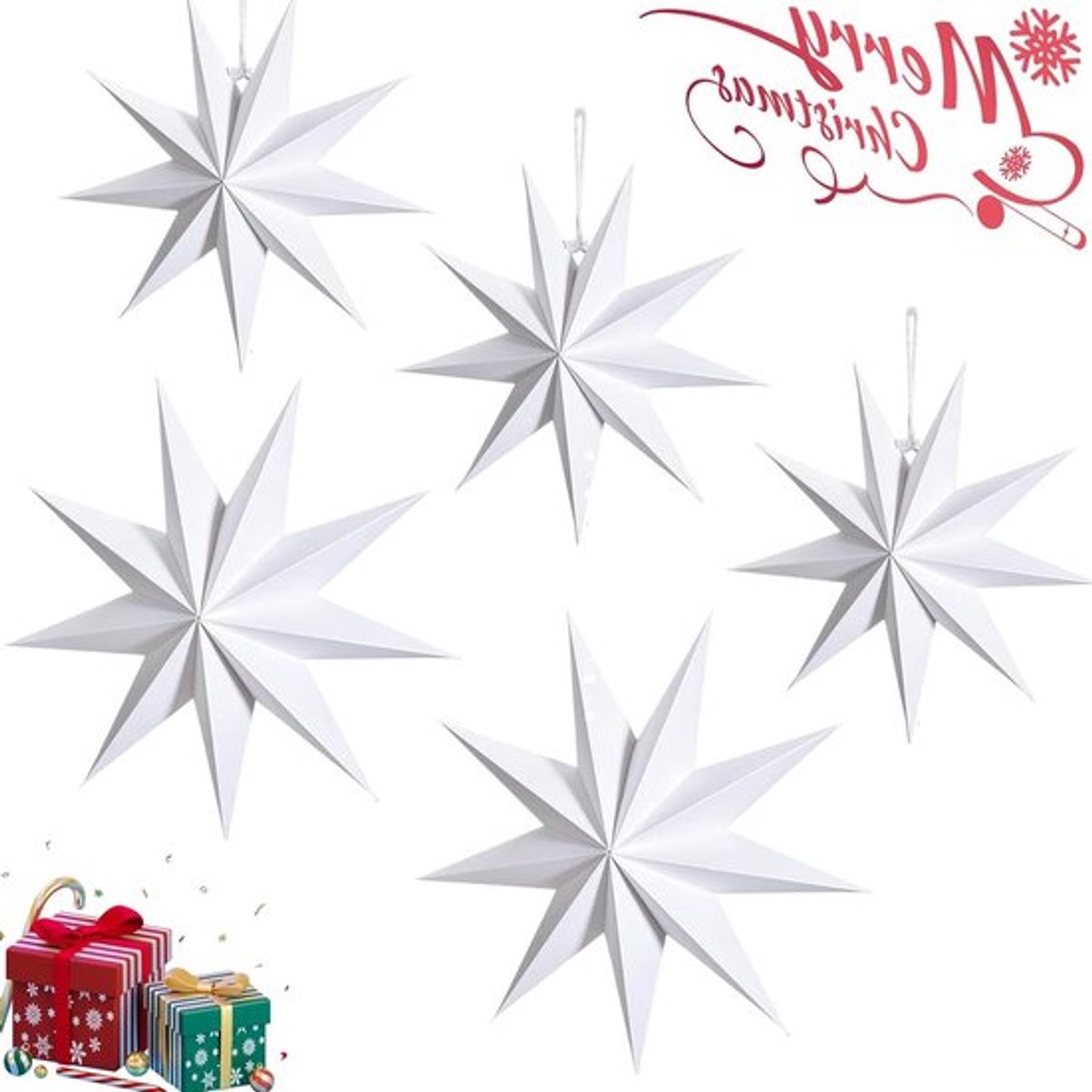 5-delige vouwbare papieren ster set wit - φ30cm φ45cm 9-punts decoratie tafel kerstversiering - feest verjaardag hangend