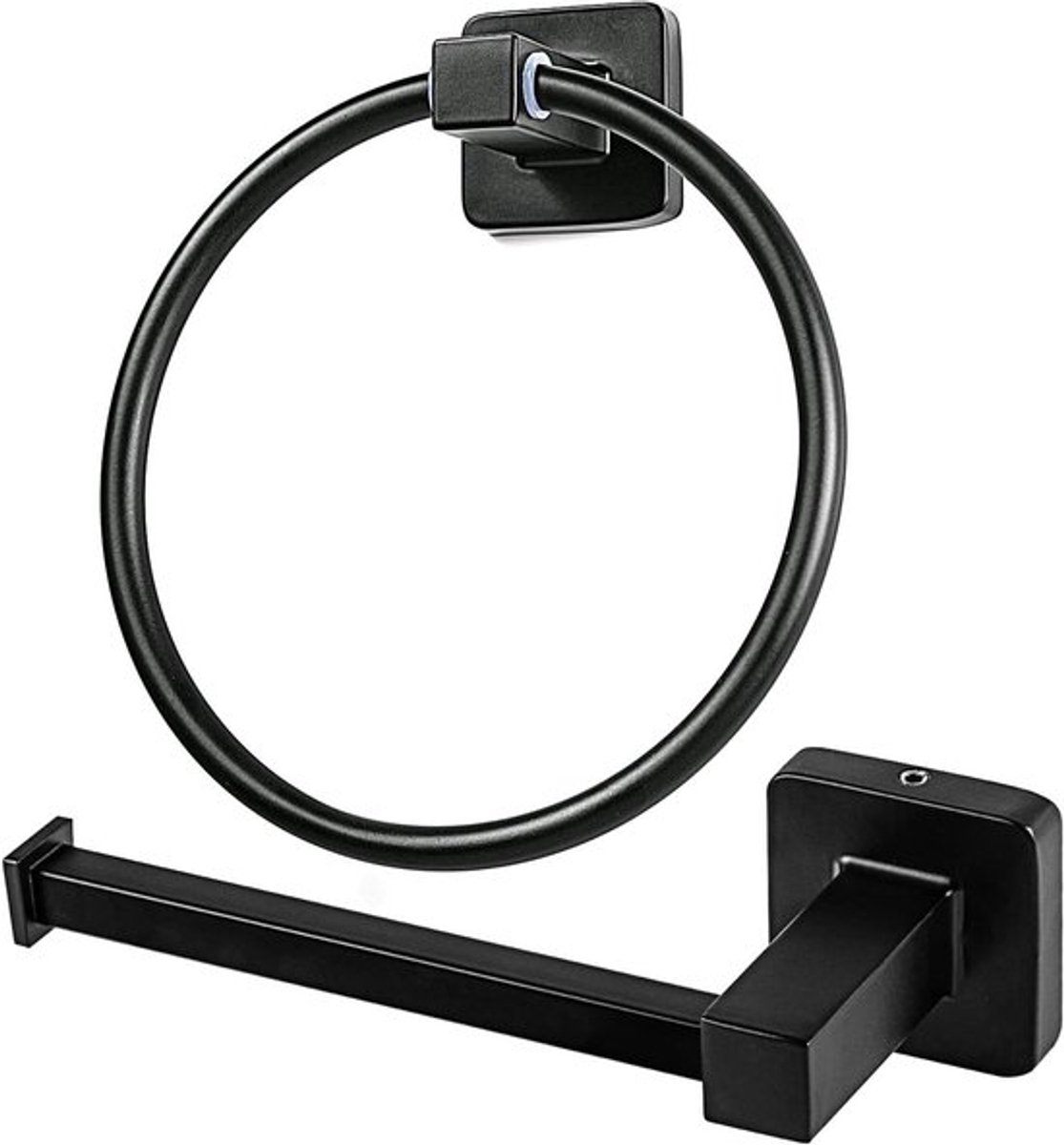 Matte Zwarte Vierkante Toiletpapierhouder en Handdoekring Set van RVS - 2 Stuks Badkameraccessoires voor een Strakke Look