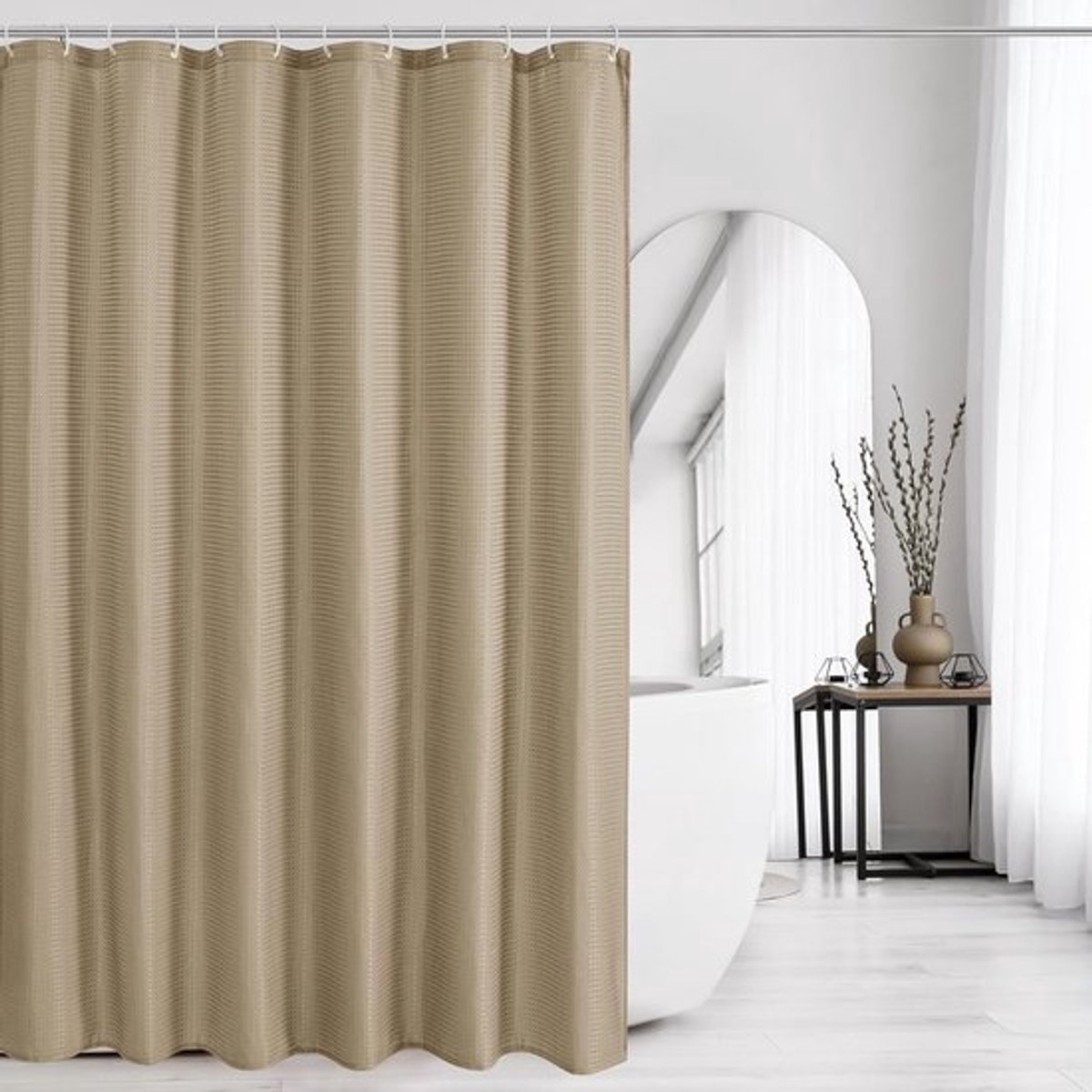 Beige Douchegordijn van Wafelweefsel - Waterafstotend en Machinewasbaar voor Luxe Badkamer