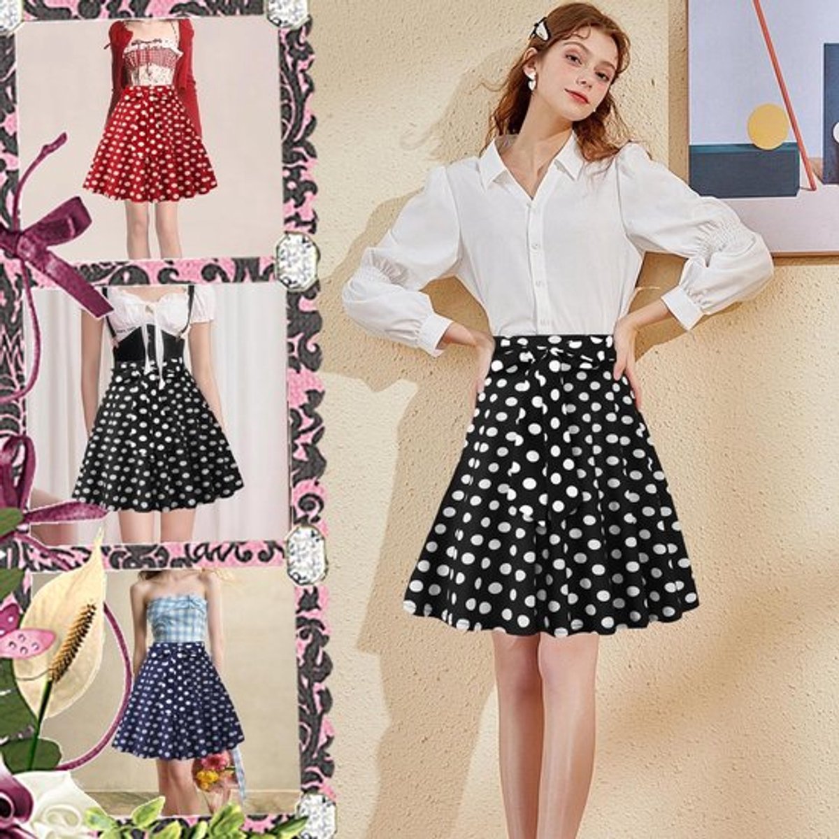 Vrouwelijke Midi Rok met Polka Dots, 50s Rockabilly Stijl, Flared Casual Zomerrok voor Elke Gelegenheid