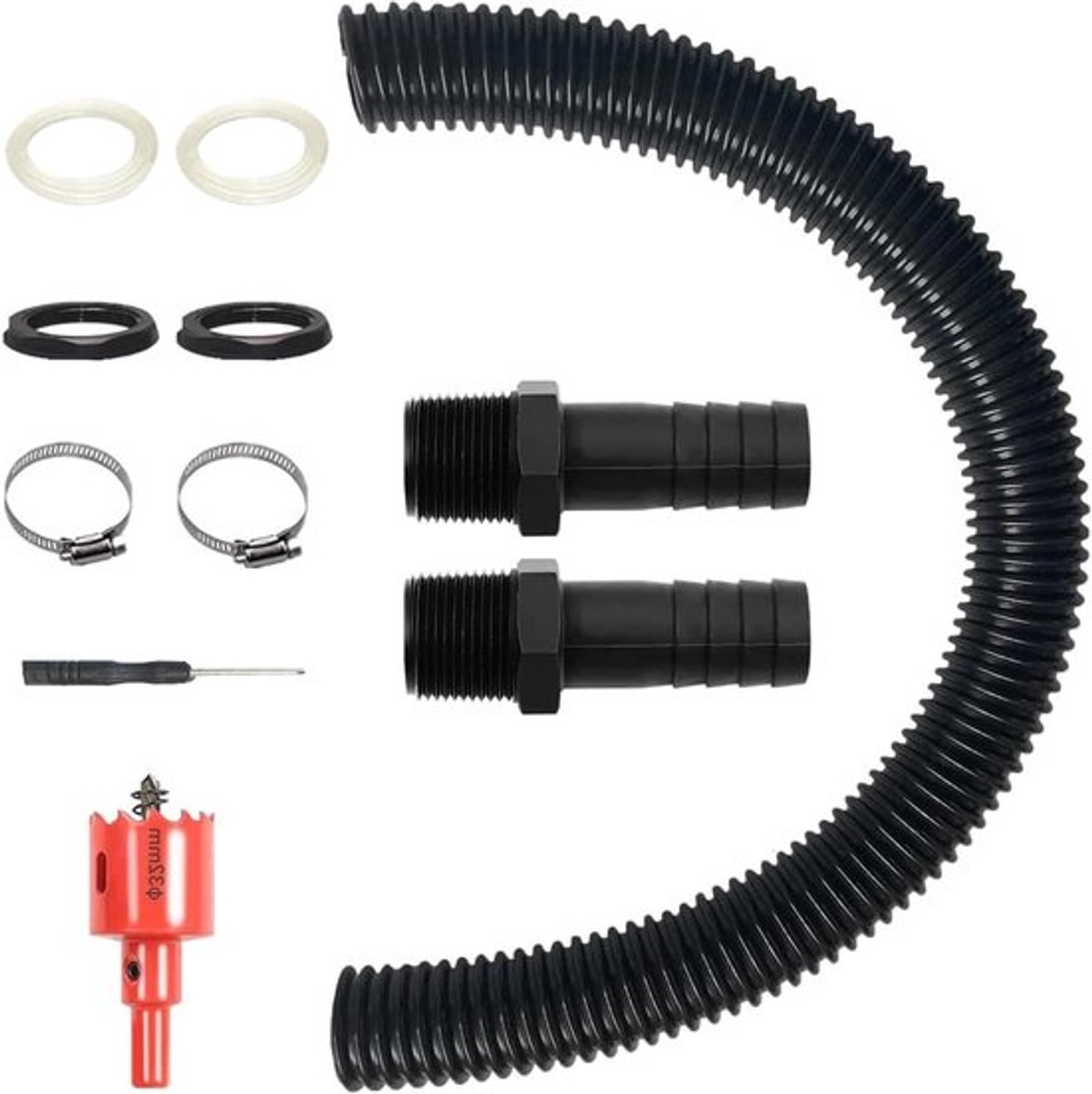 Complete Verbinding Set voor Regenwatertonnen, 1 Inch (25mm) met 100cm Slang, Inclusief Lock Nut en Boor voor Eenvoudige Installatie
