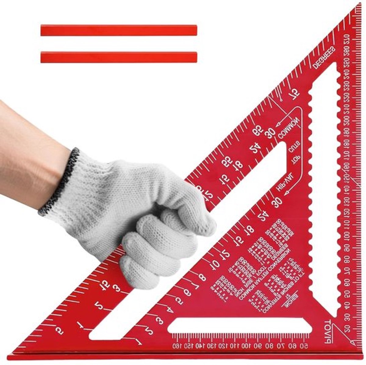 Houten Hoekmeter en Geometrische Driehoek met 2 Potloden, 18 cm Aluminium Liniaal voor Meten, Teken en Markeren