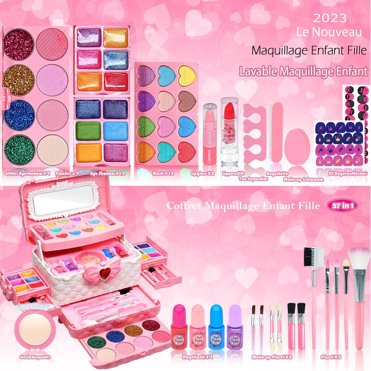 SnelShoppen - Kinderschminkset voor meisjes, make-upset met 57 stuks, kleurrijke schmink voor feest, Halloween, Kerstmis, verjaardag, cadeau voor kind