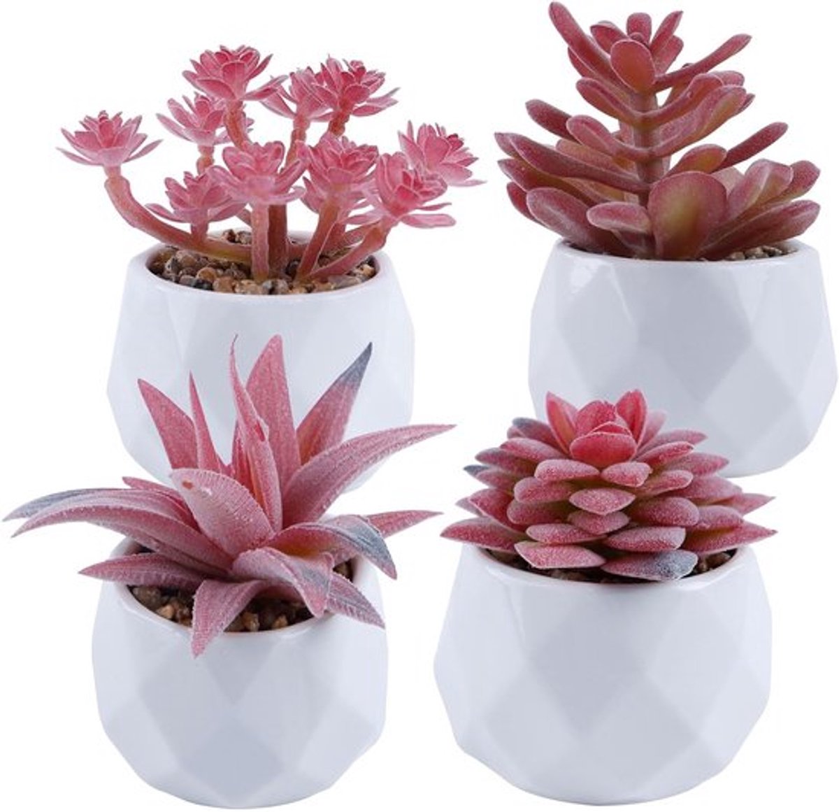 Decoratieve Kunstplanten in Keramische Pot, 4 Stuks, Succulenten en Kleine Planten voor Woonkamer, Slaapkamer, Balkon en Kantoor, Roze