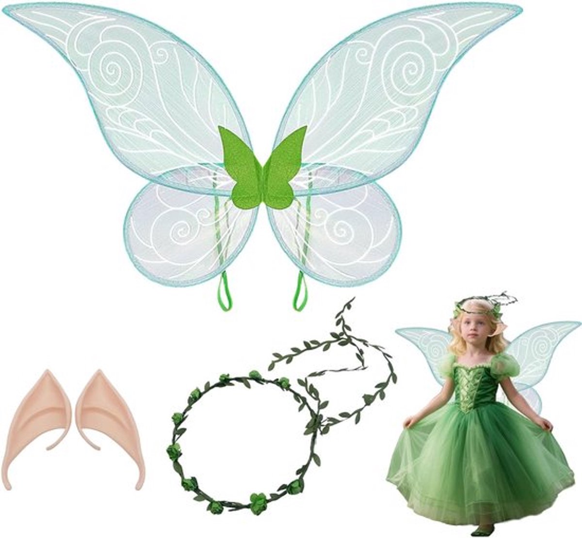Betoverende Feeënvleugels Set met Elforen, Feeënhoofdband en Stokken voor Carnaval, Feestkostuum voor Volwassenen en Kinderen, 3-delige Set