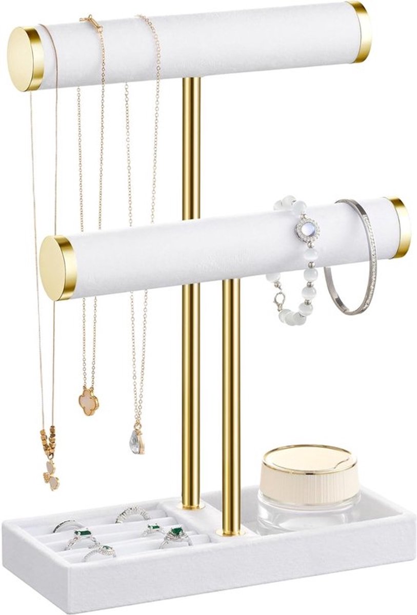 Sieraden Organizer met 2 Niveaus - Wit Sieradenstandaard voor Armbanden, Kettingen, Horloges en Ringen, Afneembare T-vormige Sieradenhouder