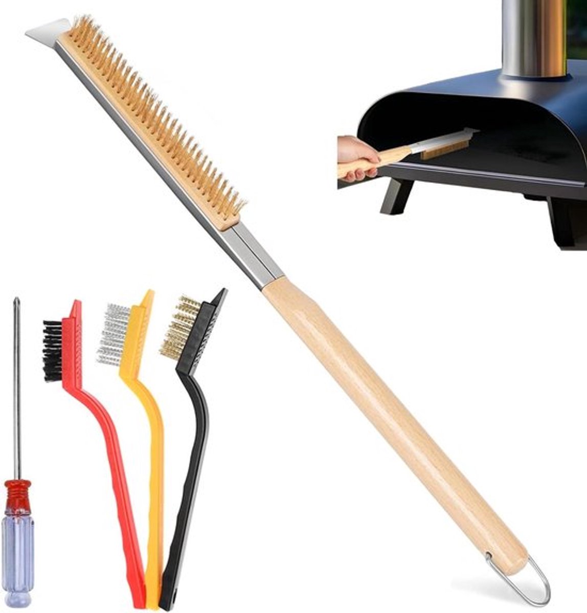 Pizzaovenborstel met stalen schraper, roestvrij staal, grillborstel met messing borstels, houten handvat - accessoires voor pizzaoven - buitenkachels en gasgrill - 66 cm