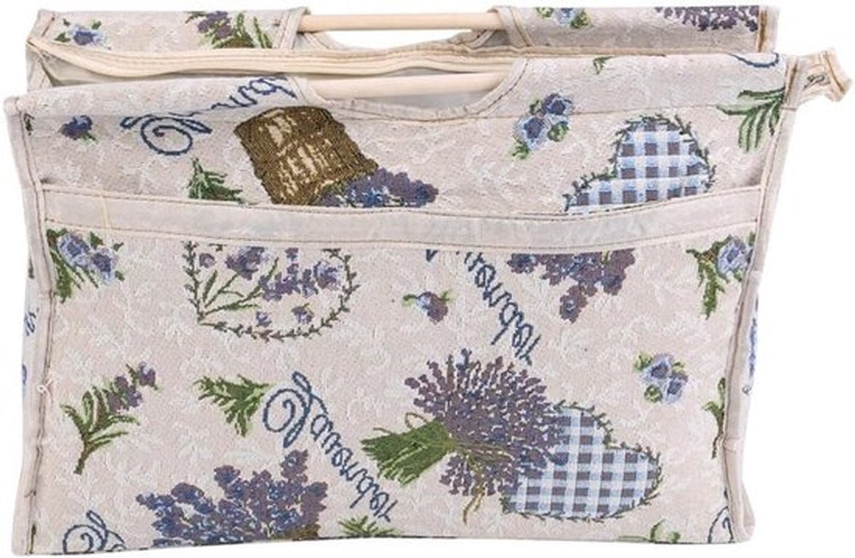Handgemaakte Haak- en Breitas met Houten Handvat, Ideaal voor Wol, Brei- en Haakbenodigdheden, Blauw Bloemmotief