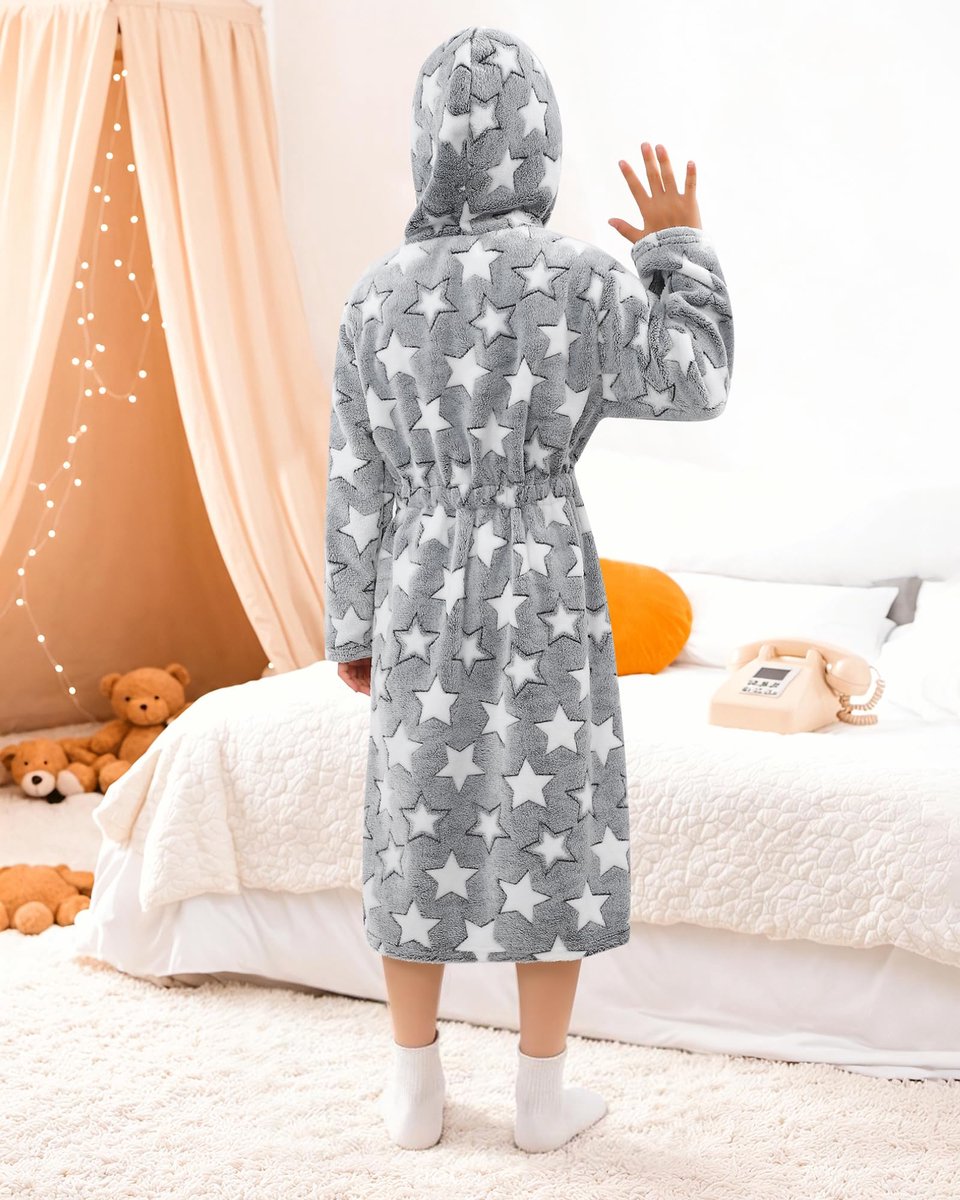 SnelShoppen - Meisjesbadjas Fleece Zacht Wollig Warm voor de Winter 5-12 jaar - Grijs 8-9 Jaar - Perfect voor Thuis, Slapen, en Relaxen