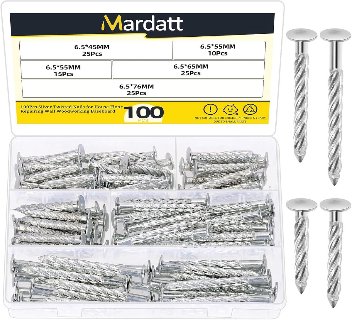 100 stuks Gegalvaniseerde Spiral Shank Deckspijkers 6.5*45/55/65/76mm voor Houtbewerking, Vloerherstel en Tuinprojecten