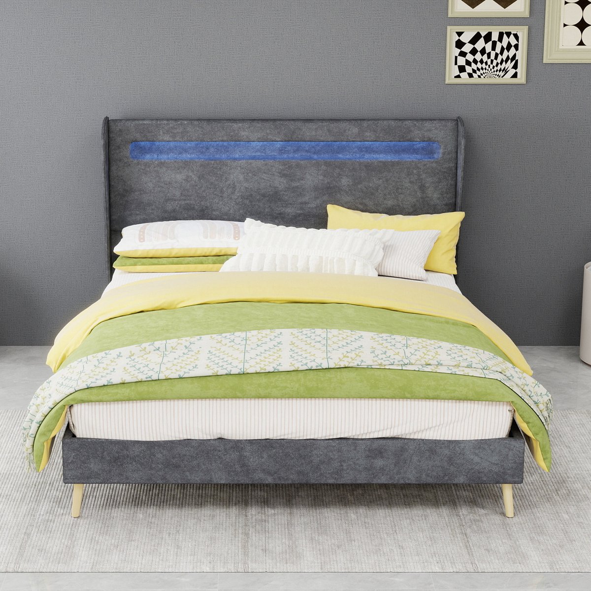 DESMIU Gestoffeerd Bed 140x200 cm – LED-Hoofdbord Met Verstelbare Rugleuning – Laag Bedframe Zonder Opbergruimte – Volwassenen – Grijs – Zonder Matras