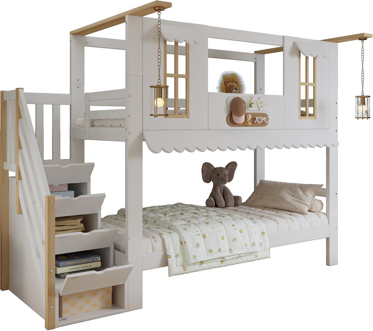 Stapelbed 90x200 cm met opbergtrap - houten kinderbed met huisdesign, dakrand, vilten decoratie en veilige trap voor kinderkamer
