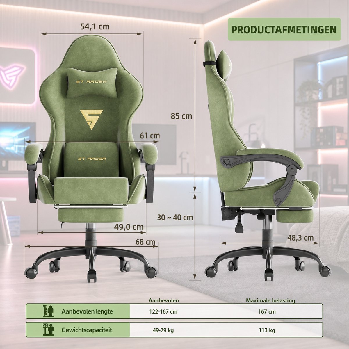 EC REP SERVICES SL Arvioo-Gaming Stoel-Fluweel-Voetensteun-Massage Lendenkussen-Groen thumbnail 2