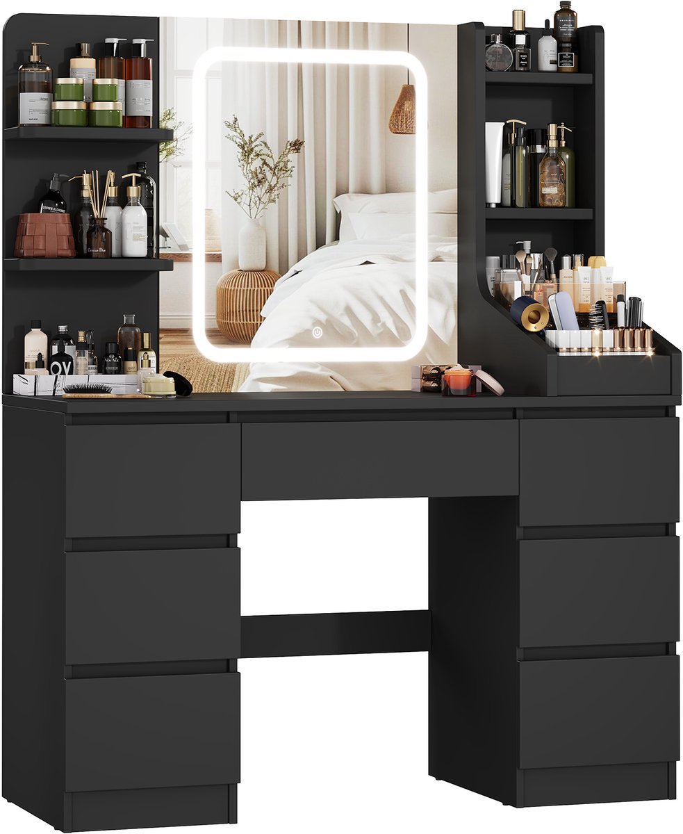 Devoko Kaptafel met LED Spiegel - 108x39,5x139 cm - 7 Lades, 3 Opbergvakken & Zijopberging - Dimbare Verlichting met 3 Lichtkleuren - Zwart