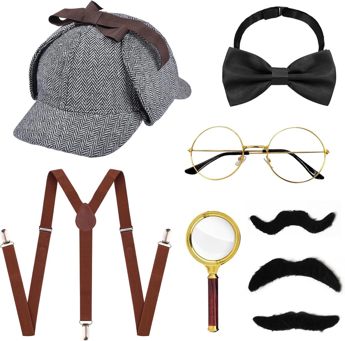 Detective Kostuum Accessoire Set met 7 Stukken in Grijs, Zwart en Bruin voor Rollenspellen en Verkleedpartijen