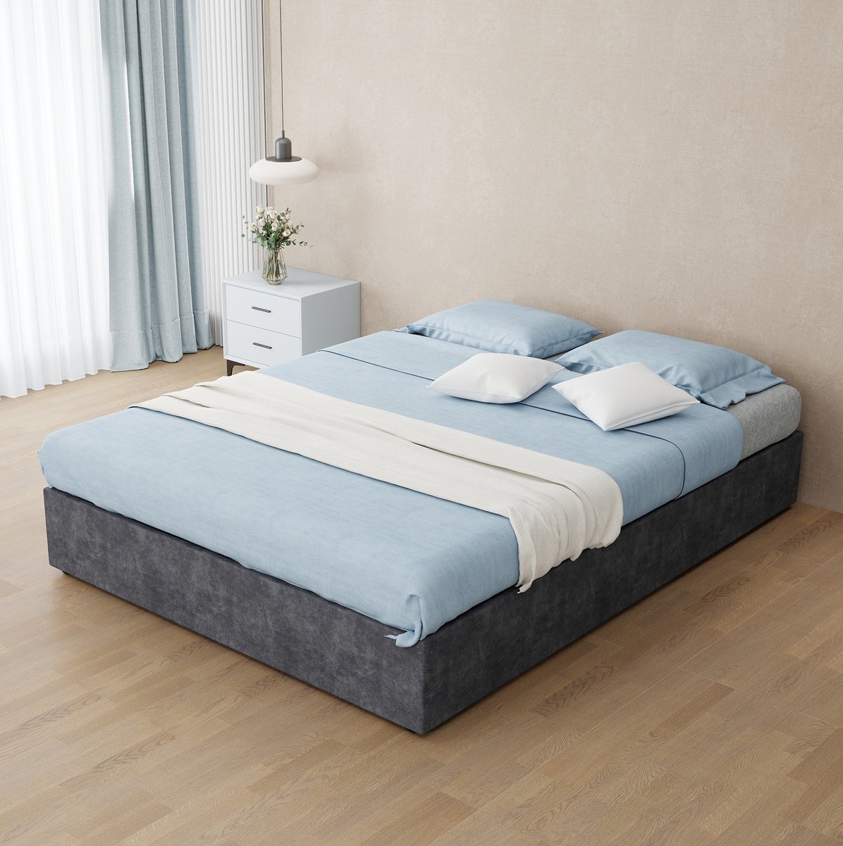 DESMIU Bed 140x200 Cm – Gestoffeerd Bedframe Met Gaslift En Opbergruimte – Lattenbodem – Zonder Hoofdbord Zonder Matras – Grijs