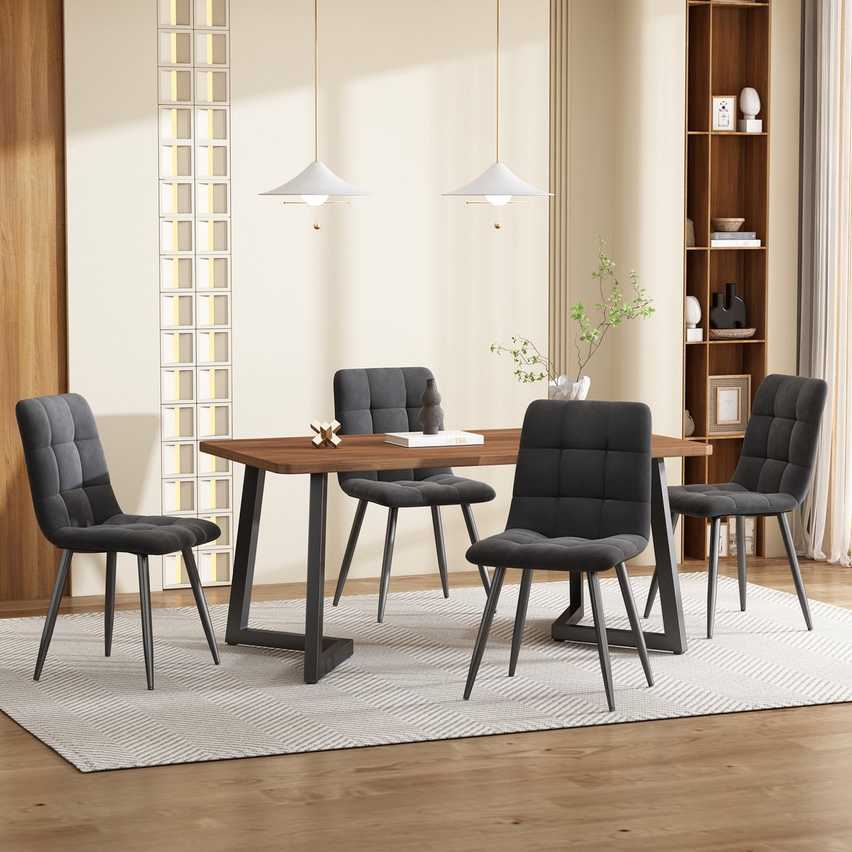 COVREO Eettafel set 117x68x75 cm walnoot, MDF met 4 fluwelen stoelen