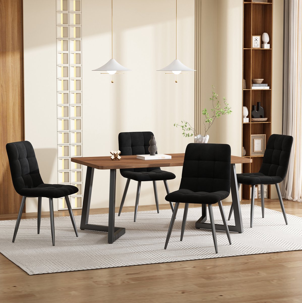 COVREO Eettafelset 117x68x75 cm walnoot zwart, MDF met 4 stoelen