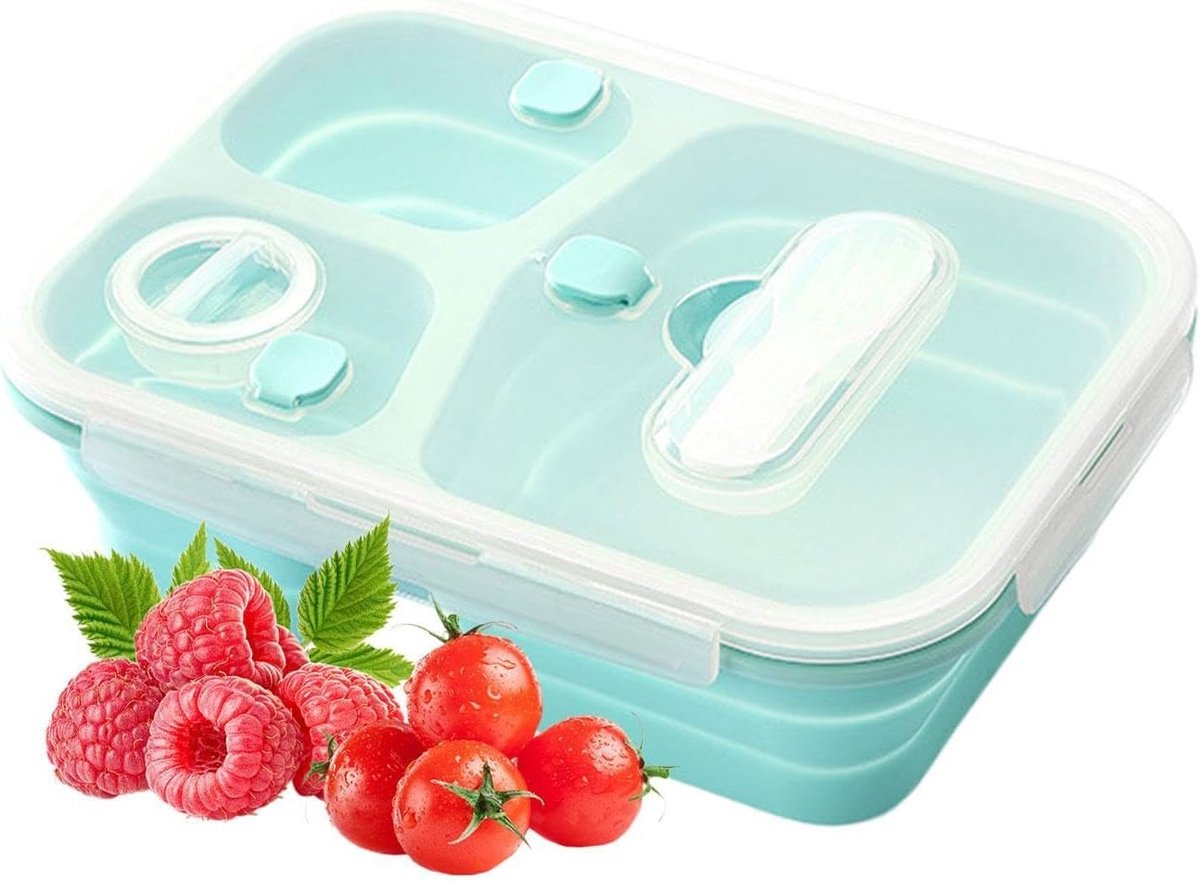 KZQ Vouwbare siliconen lunchbox met 3 vakken - BPA-vrij en lekvrij - Magnetron- en vriezerbestendig - Herbruikbaar voor school werk en kamperen - Groen