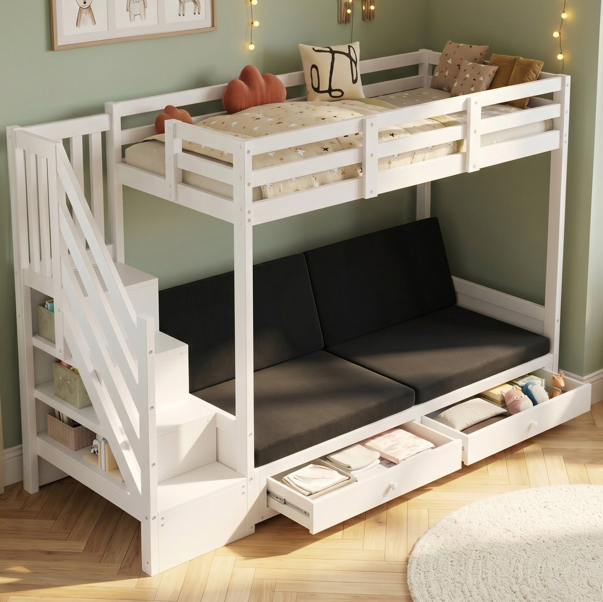 DESMIU Stapelbed 90x200 cm – Kinderbed Met Trapkast En 2 Lades – Onderbed Als Bed Of Bank – Met Lattenbodem – Zonder Matras – Wit