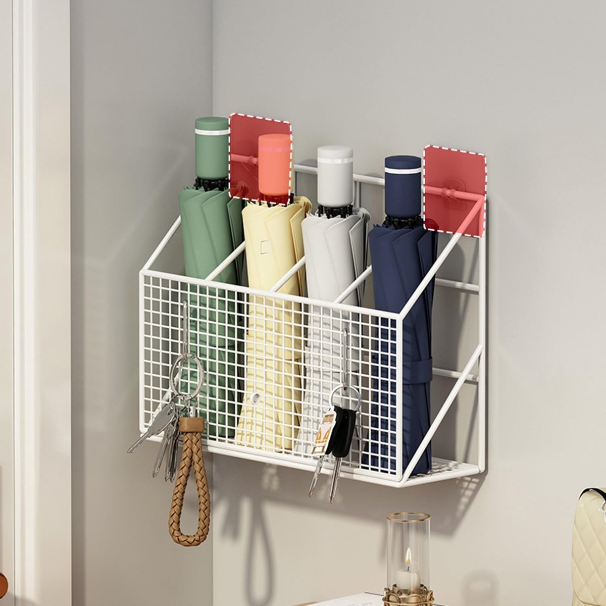 Parapluhouder Wandmontage Zonder Boren, Opvouwbare Paraplu Organizer met Sleutelhanger Haak, Ruimtebesparende Regenparaplu Opbergrek voor Hal en Entree, 4 Vaks Wit