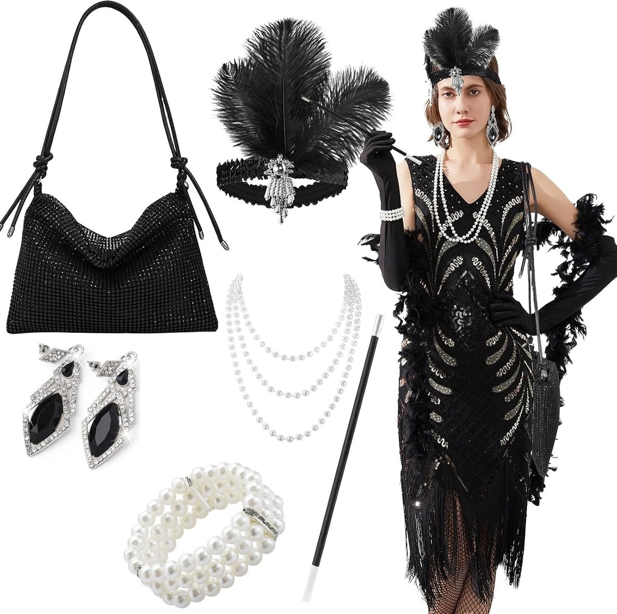 Set van 7 Zwarte Accessoires voor Vrouwen in Great Gatsby Stijl - Flapper Handtas, 1920s Charleston Kostuum voor Carnaval, Prom, Halloween en Feestdagen