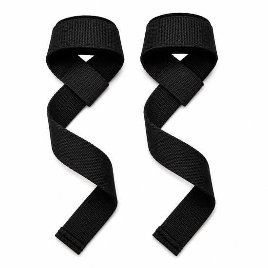 Twee zwarte lifting straps met lus en klittenbandsluiting, op een witte achtergrond.