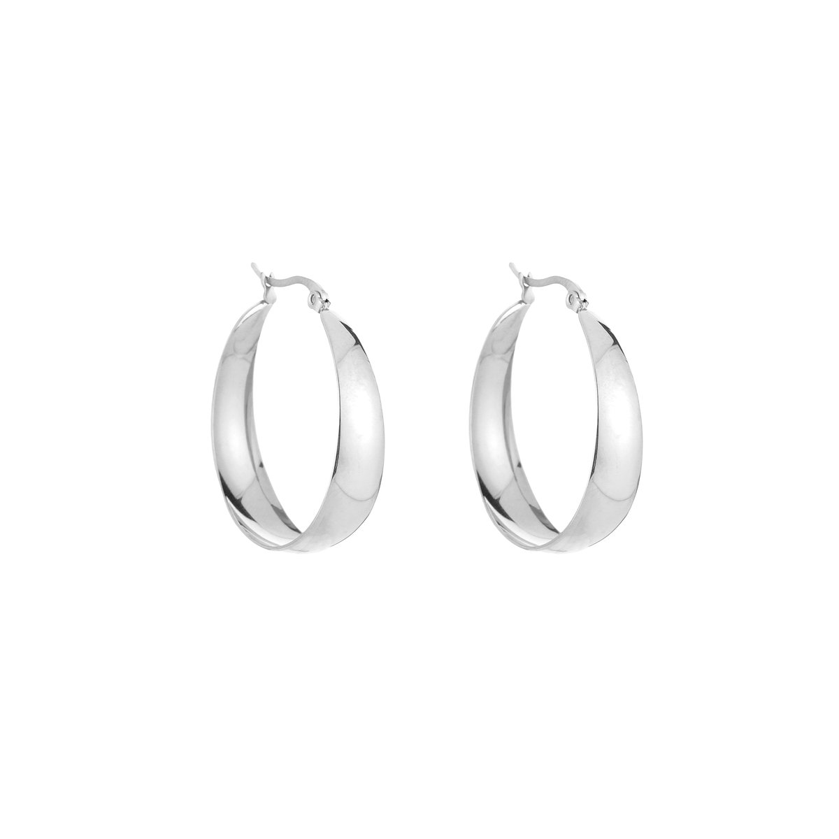 Stainless Steel Polished Curved Flat Hoops – Luxe Gewelfde Brede Oorringen – RVS - Zilver