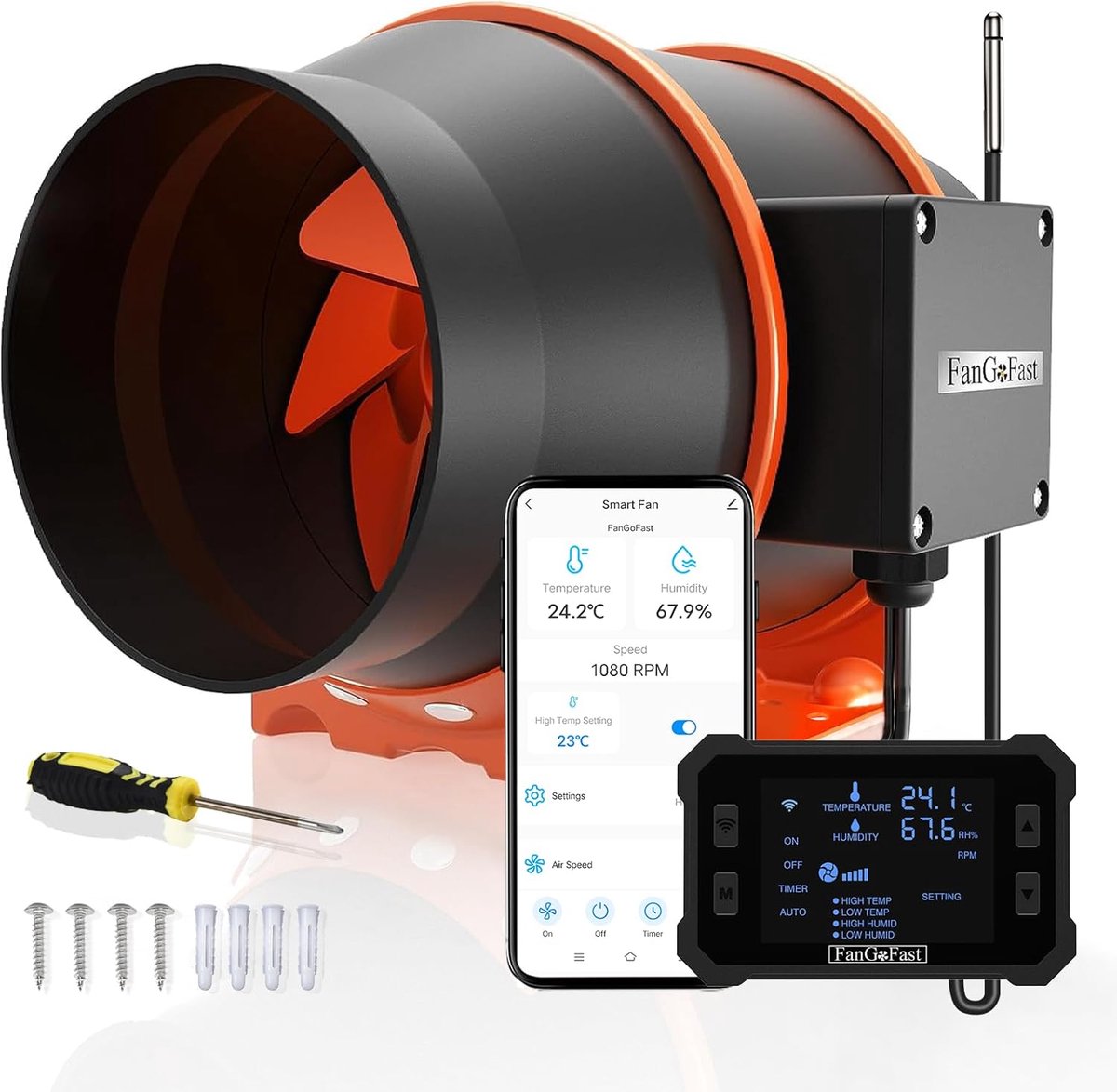 SnelShoppen - Luchtventilator 150 mm met App-Bediening, Temperatuur- en Vochtigheidsregelaar, Stille EC-Motor 2550 omw/min, Afvoerventilator voor Tent