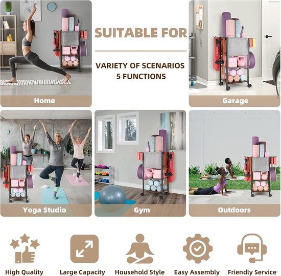 SnelShoppen - Yoga Mat Opbergrek, Multilaags Yoga Mat Houder, Fitness Apparatuur, Dumbbell Rek met Haakjes en Wielen, Thuis Gym Workout Opbergoplossin van Snelshoppen — afbeelding 5