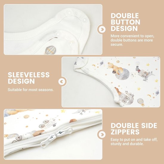 Comfortabele Baby Slaapzak 1 Tog van 100% Katoen met Verstelbare Drukknoopsluitingen en Zijrits, Ideaal voor Jongens en Meisjes, Geschikt voor Alle Seizoenen, 2-Pack, Grijs, 6-12 Maanden — afbeelding 5