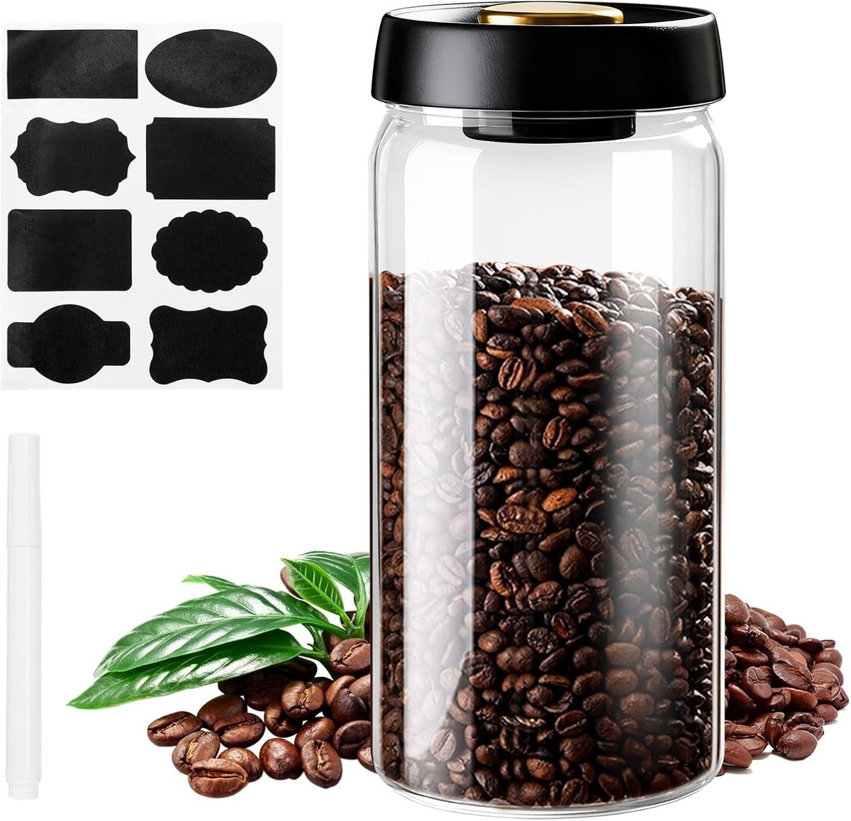 Luchtdichte Koffiecontainer van 1800ml voor Koffiebonen, Thee, Noten en Poeder met Stickers en Pen voor Thuis en Kantoor