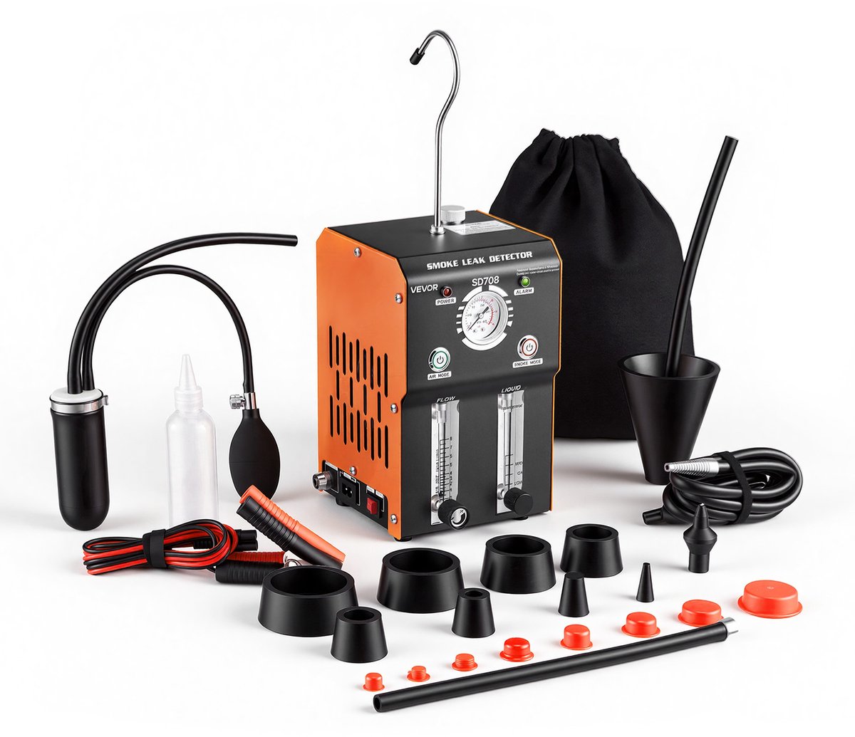 VEVOR lekdetector met rookgenerator voor voertuigen, 12V EVAP vacuümdiagnoseapparaat met geïntegreerde luchtpomp, drukmeter, debietmeter, oliepeilindicator, 2 standen voor auto's, motoren, vrachtwagens, boten en ATV's.