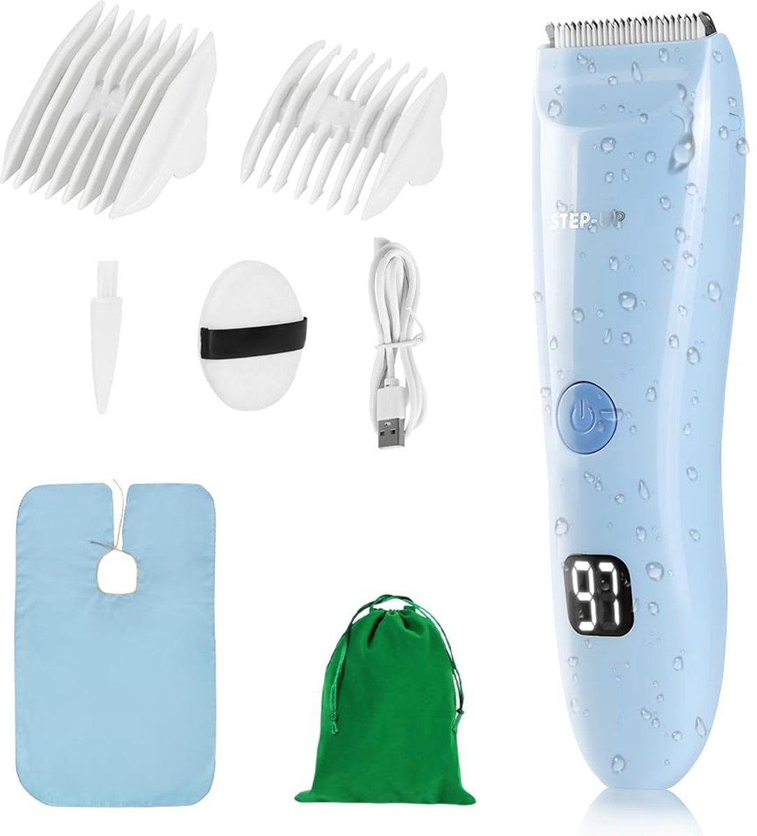 SnelShoppen - Waterdichte Tondeuse voor Baby's, Oplaadbare Draadloze Haartrimmer met LCD-Display, 2 Geleidingskammen, Stille Kindertondeuse in Blauw v