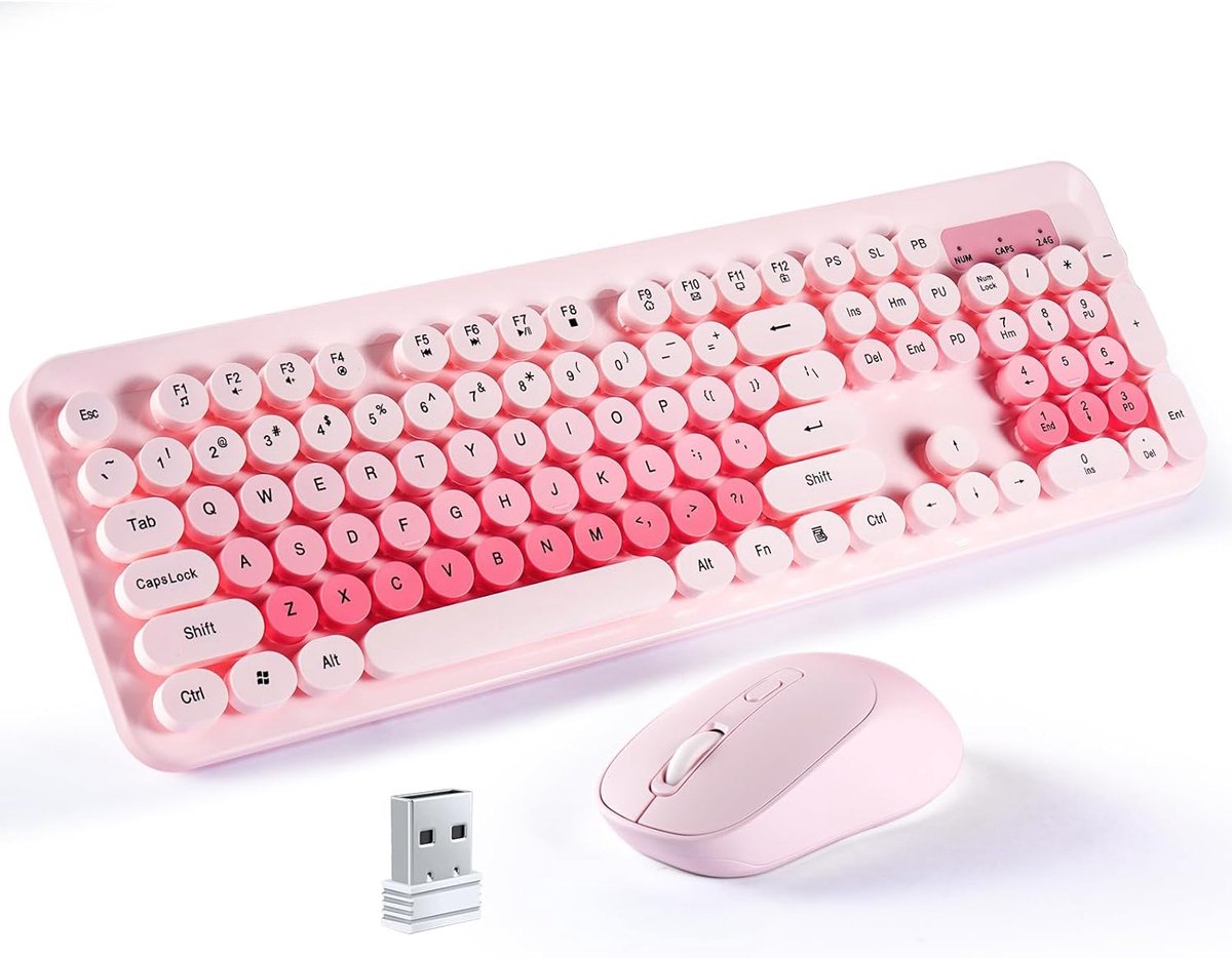 SnelShoppen - Draadloos Toetsenbord Muis Set Retro Ronde Schrijfmachine Toetsen met 104 Toetsen en Cijferblok - USB-ontvanger voor Windows PC Laptop -