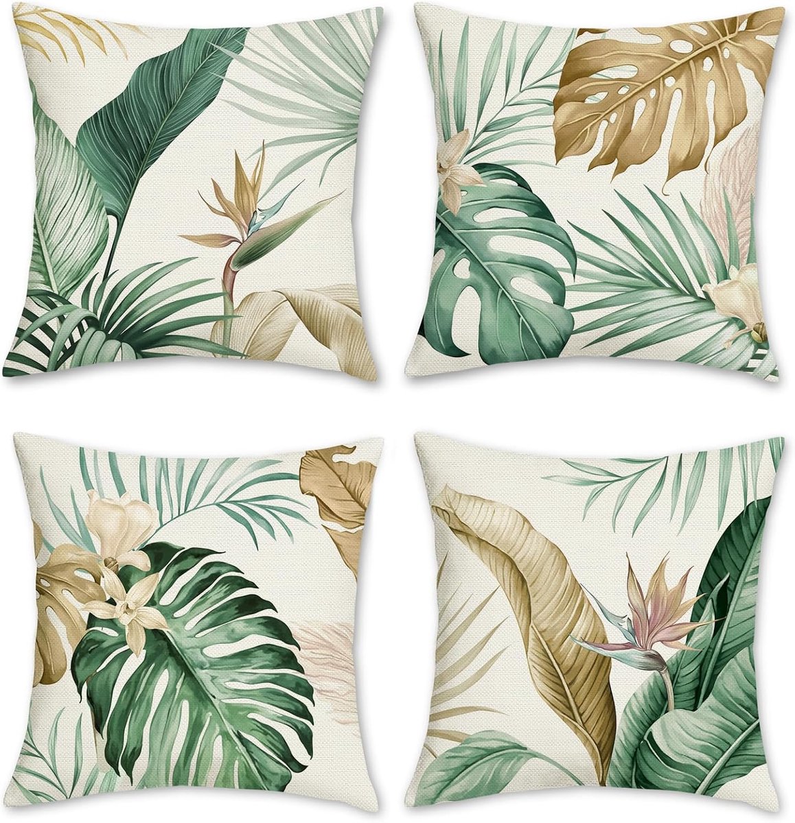 SnelShoppen - Set van 4 Decoratieve Kussenslopen Tropische Bladeren 40 x 40 cm Groen Bruin Polyester Linnen Sierkussenovertrekken voor Bank Tuin Outdo