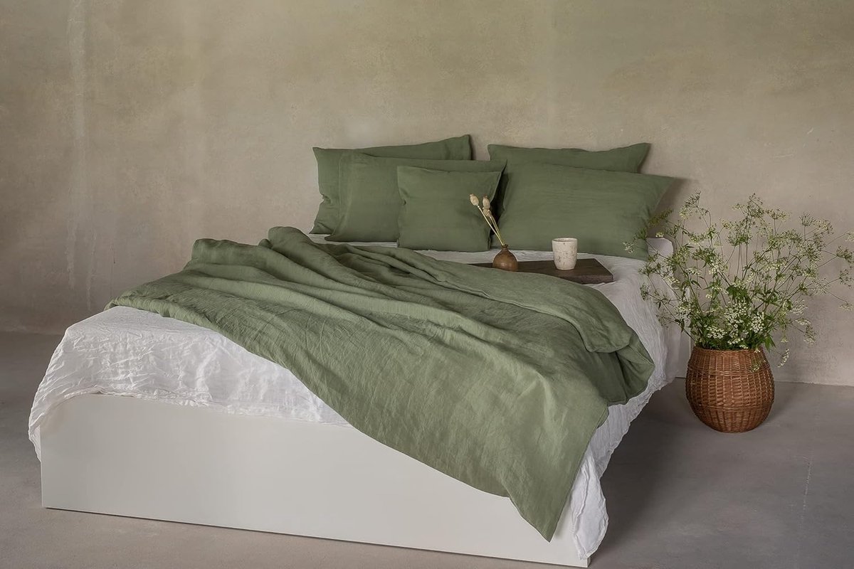SnelShoppen - Linnen Beddengoedset 100% Natuurlijk Linnen, Stonewashed, Natuurlijke Vezel, Met Hotelsluiting, Groen, 135 x 200 cm, 40 x 80 cm, Luxe Sl