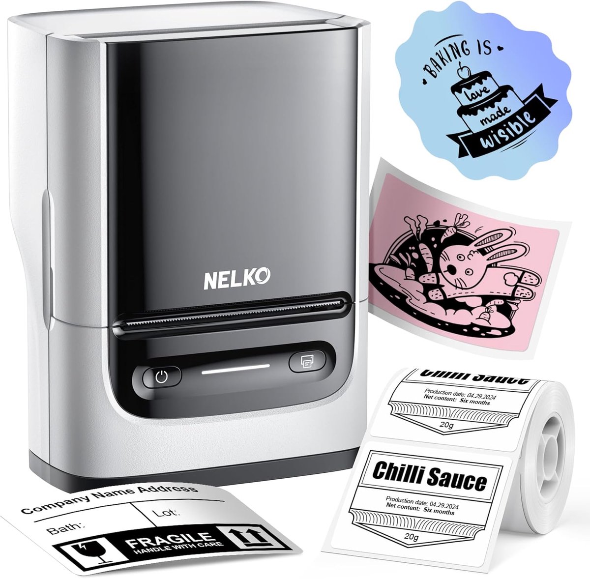 SnelShoppen - Nelko Labelprinter Bluetooth PM220 - 2 inch Thermo-Etiketteerapparaat met 1 Zelfklevend Etiket - Compatibel met iOS en Android - Slimme